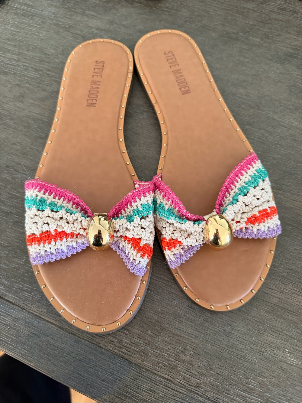 Steve Madden Tan Slide Sandals with Multicolor Crochet Bow and Gold Accent
